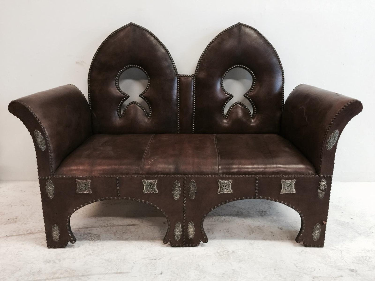 Vintage Moroccan Leather Bench, Handmade Silver Metal Sofa (64” W x 45” T x 29” D