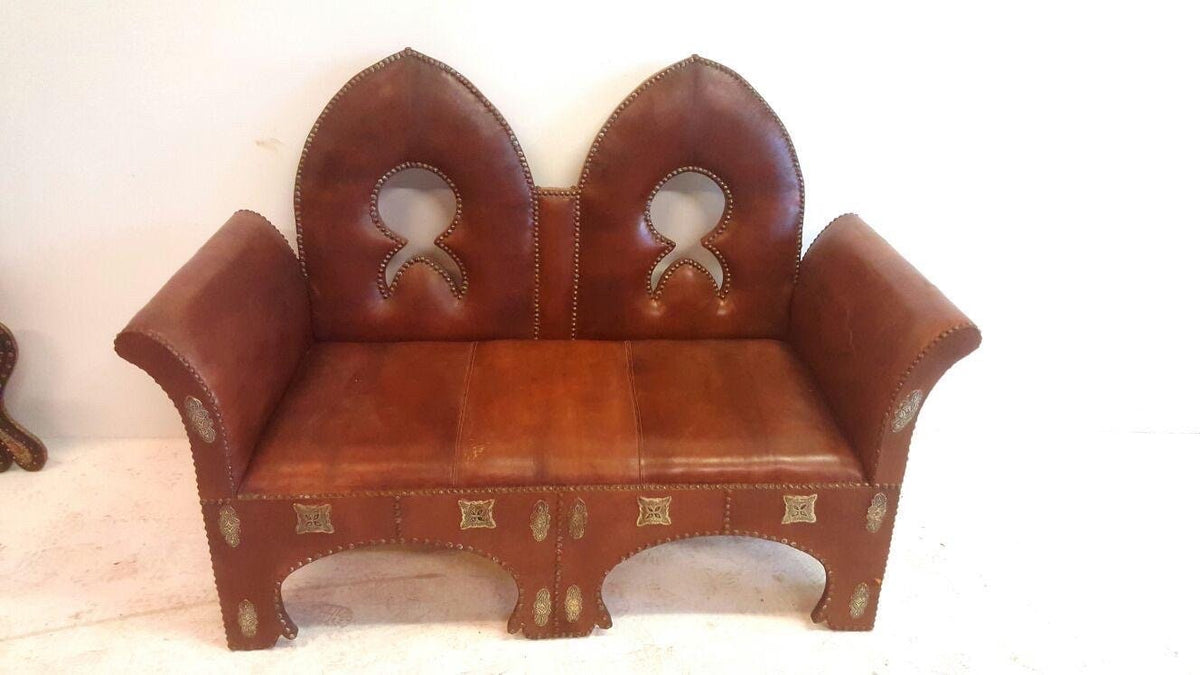 Vintage Moroccan Leather Bench, Handmade Silver Metal Sofa (64” W x 45” T x 29” D