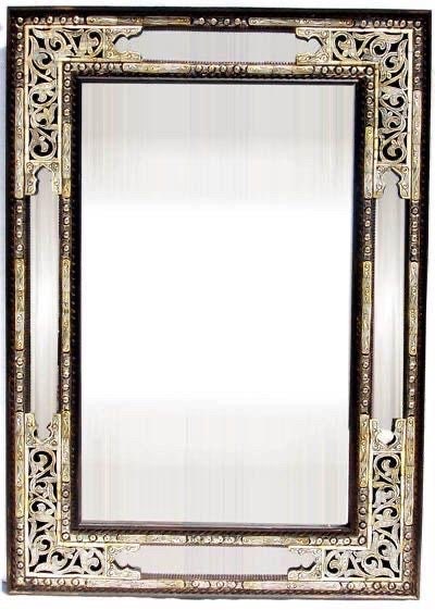 Moroccan Camel Bone Inlay Mirror, Moorish Design, Handcrafted Wood Frame (62.5 x 46.5)