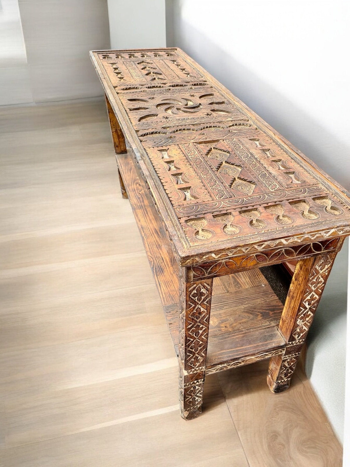 Hand Carved Wood Console, African Berber Rustic Furniture