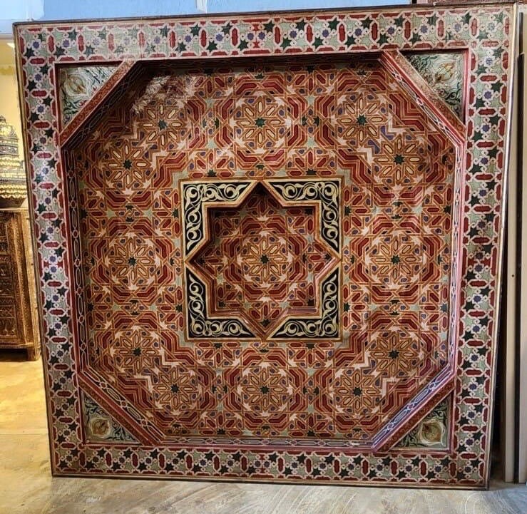 Vintage Hand-Painted Moroccan Wooden Ceiling Panel, Geometric Star Medallion (78x78)