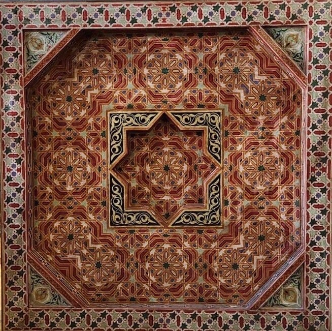 Vintage Hand-Painted Moroccan Wooden Ceiling Panel, Geometric Star Medallion (78x78)