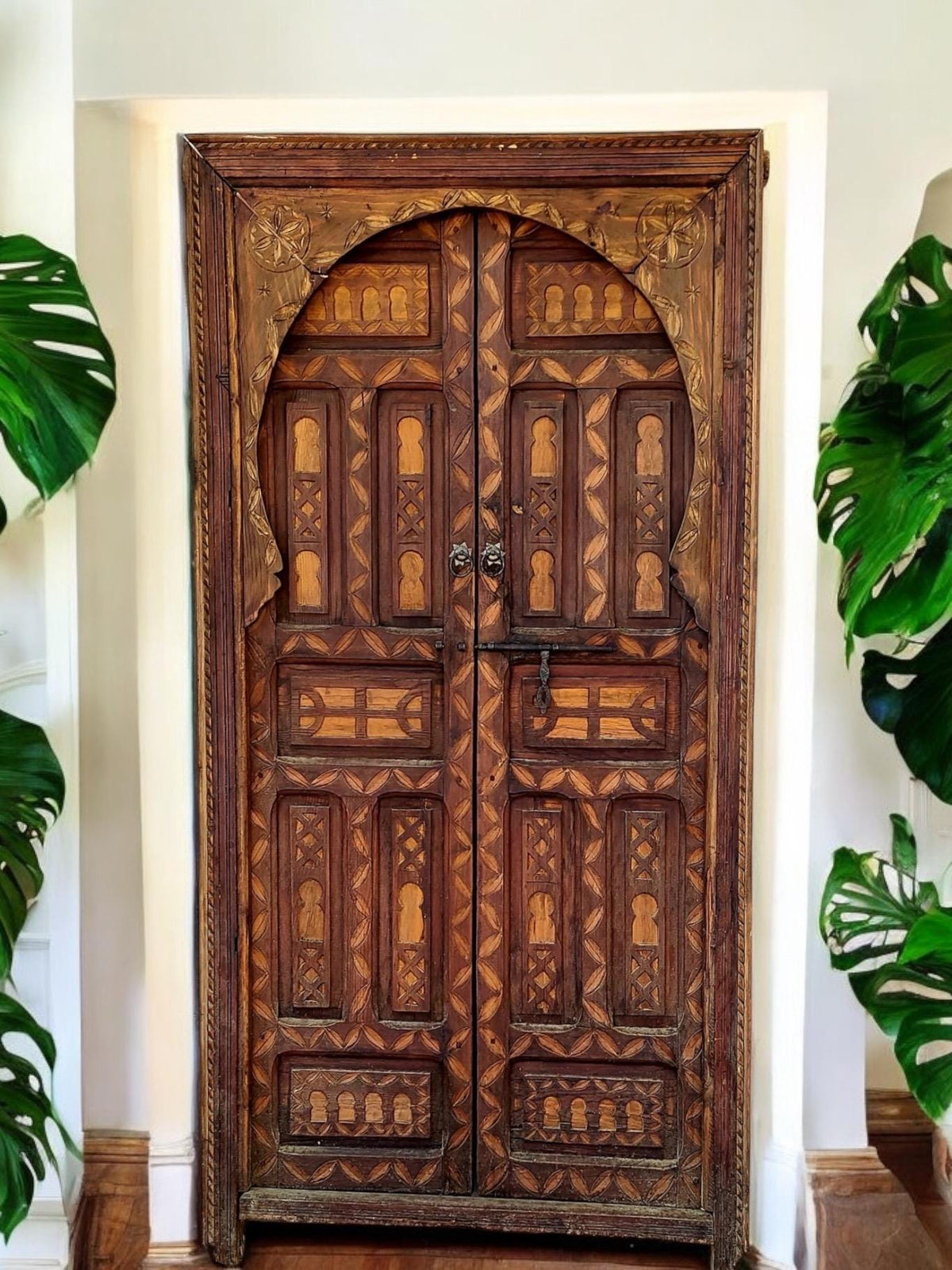 Vintage Carved Cedar Door: Moroccan Berber, 78" x 40"