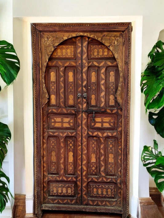 Vintage Carved Cedar Door: Moroccan Berber, 78" x 40"