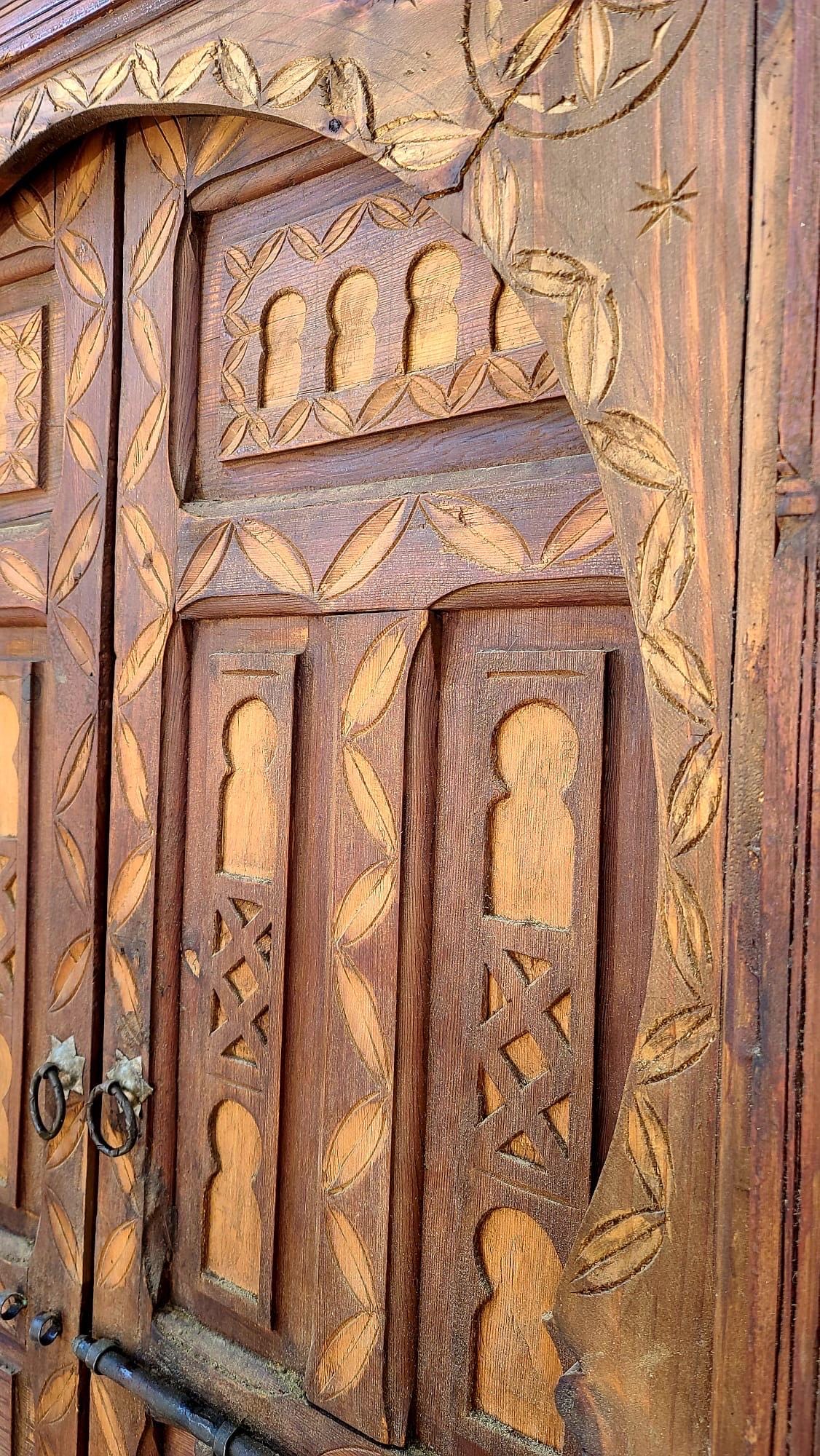 Vintage Carved Cedar Door: Moroccan Berber, 78" x 40"