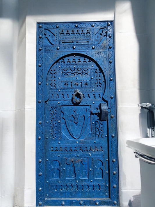 Vintage Blue Carved Wooden Door, Berber Tribal Decor (93x39.5)