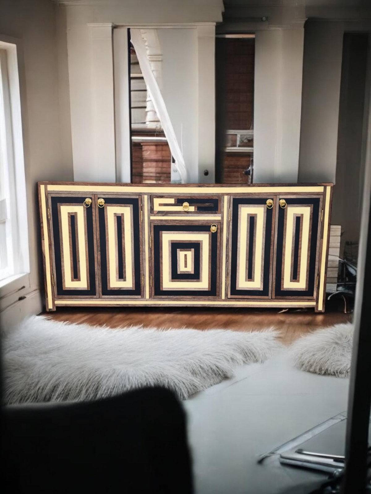 French regency Credenza: walnut Wood resin Inlay, Cabinet