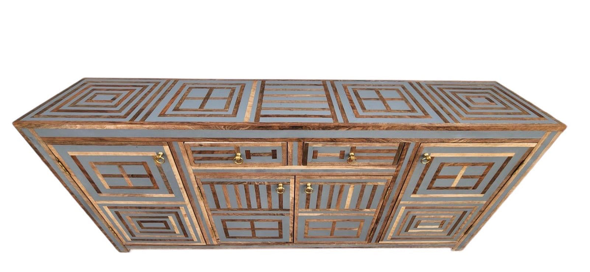 Neoclassical art-deco Credenza: walnut wood Resin Inlay labyrinth pattern