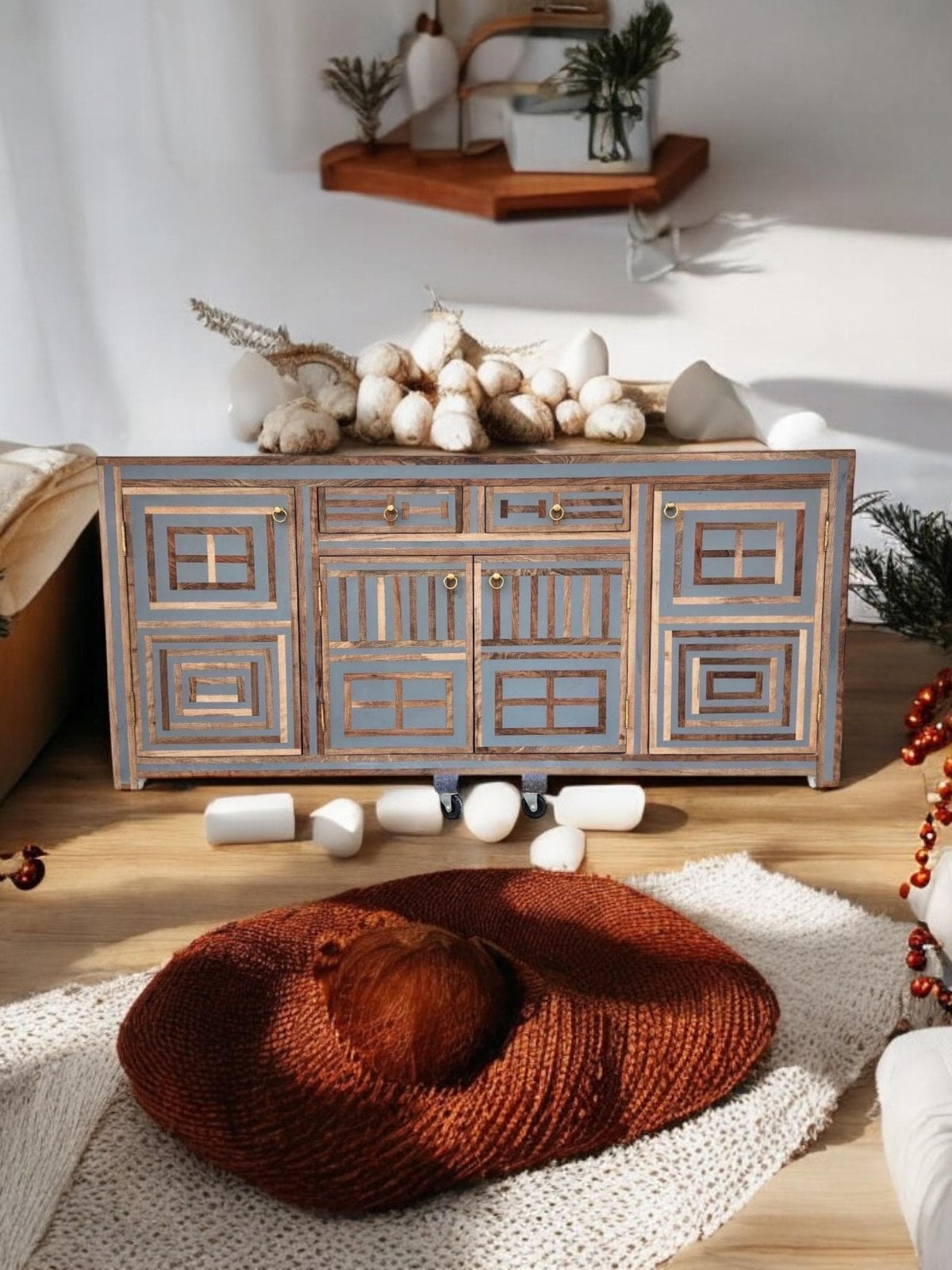 Neoclassical art-deco Credenza: walnut wood Resin Inlay labyrinth pattern
