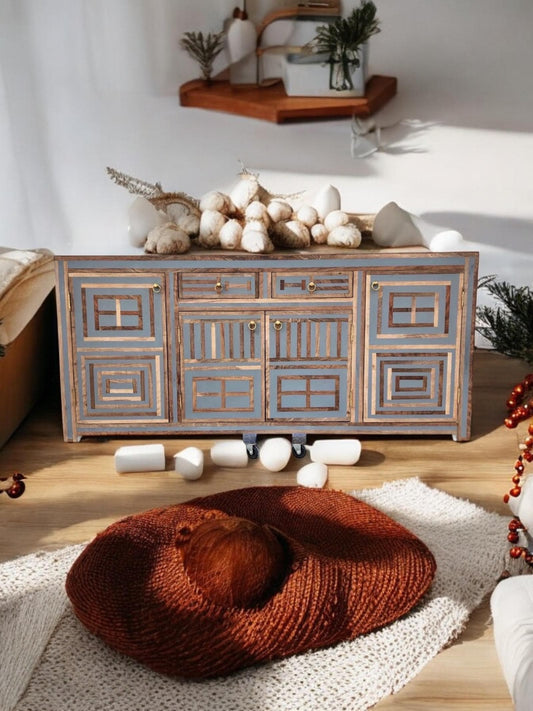 Neoclassical art-deco Credenza: walnut wood Resin Inlay labyrinth pattern