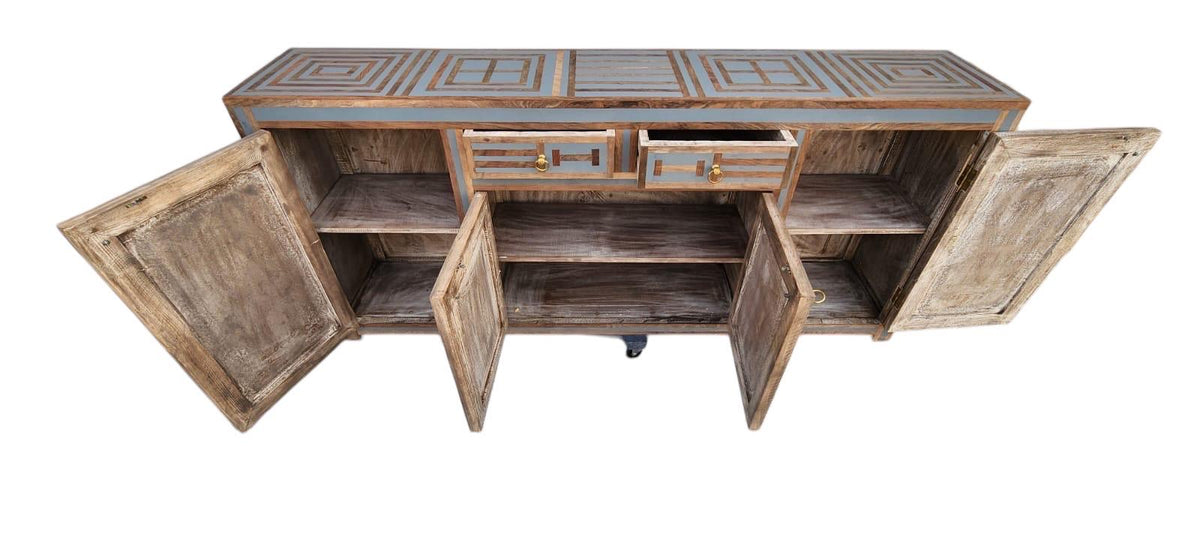 Neoclassical art-deco Credenza: walnut wood Resin Inlay labyrinth pattern