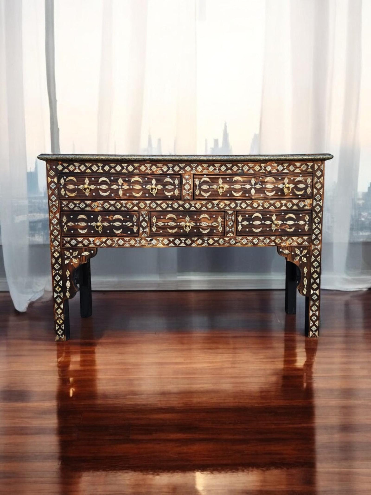 Handmade Moroccan Console Cabinet, Inlaid Camel Bone Dresser