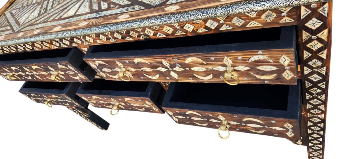 Handmade Moroccan Console Cabinet, Inlaid Camel Bone Dresser