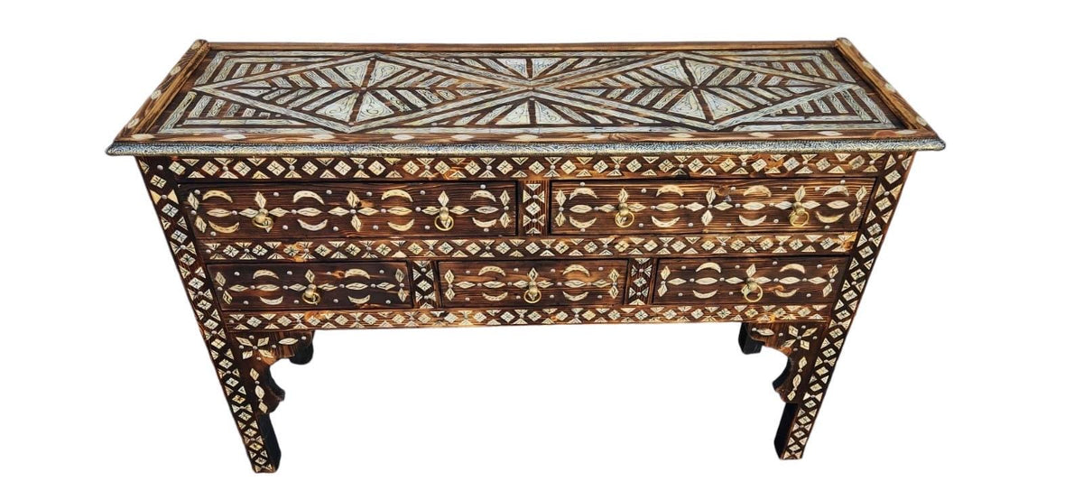 Handmade Moroccan Console Cabinet, Inlaid Camel Bone Dresser