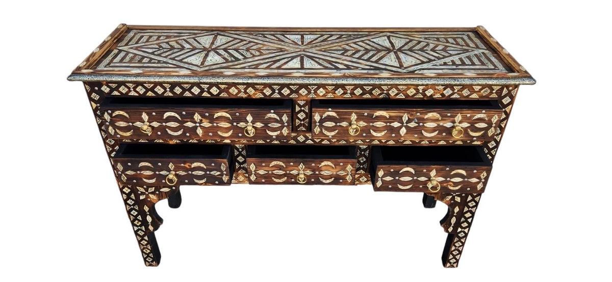 Handmade Moroccan Console Cabinet, Inlaid Camel Bone Dresser