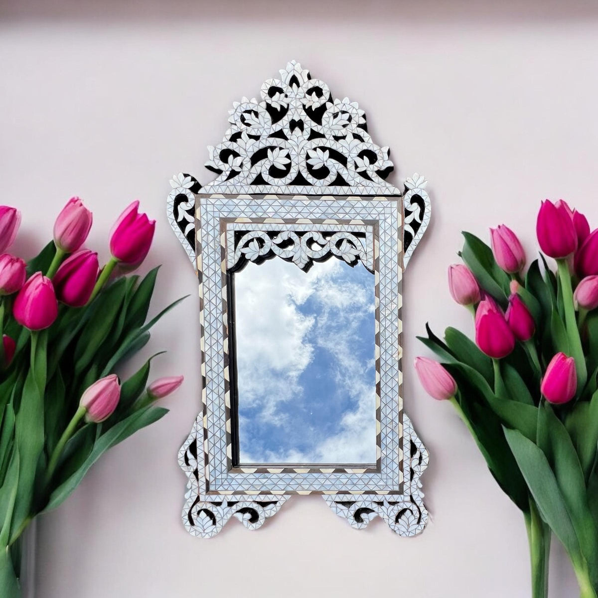 Syrian Mother of Pearl Inlay Mirror, Moroccan Wall Decor (37" x 20")