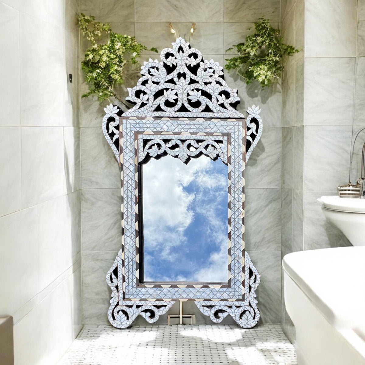 Syrian Mother of Pearl Inlay Mirror, Moroccan Wall Decor (37" x 20")