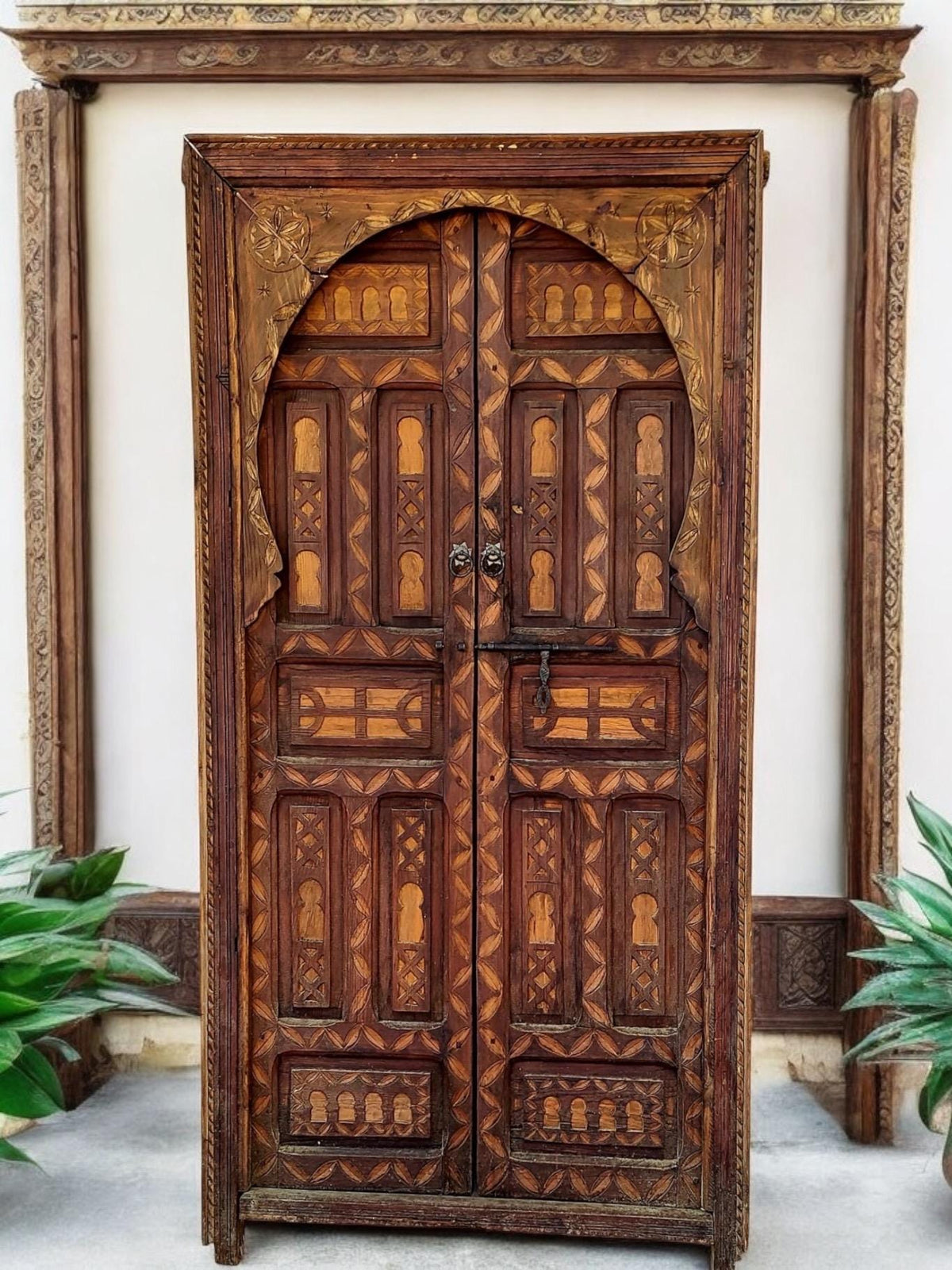 Vintage Carved Cedar Door: Moroccan Berber, 78" x 40"