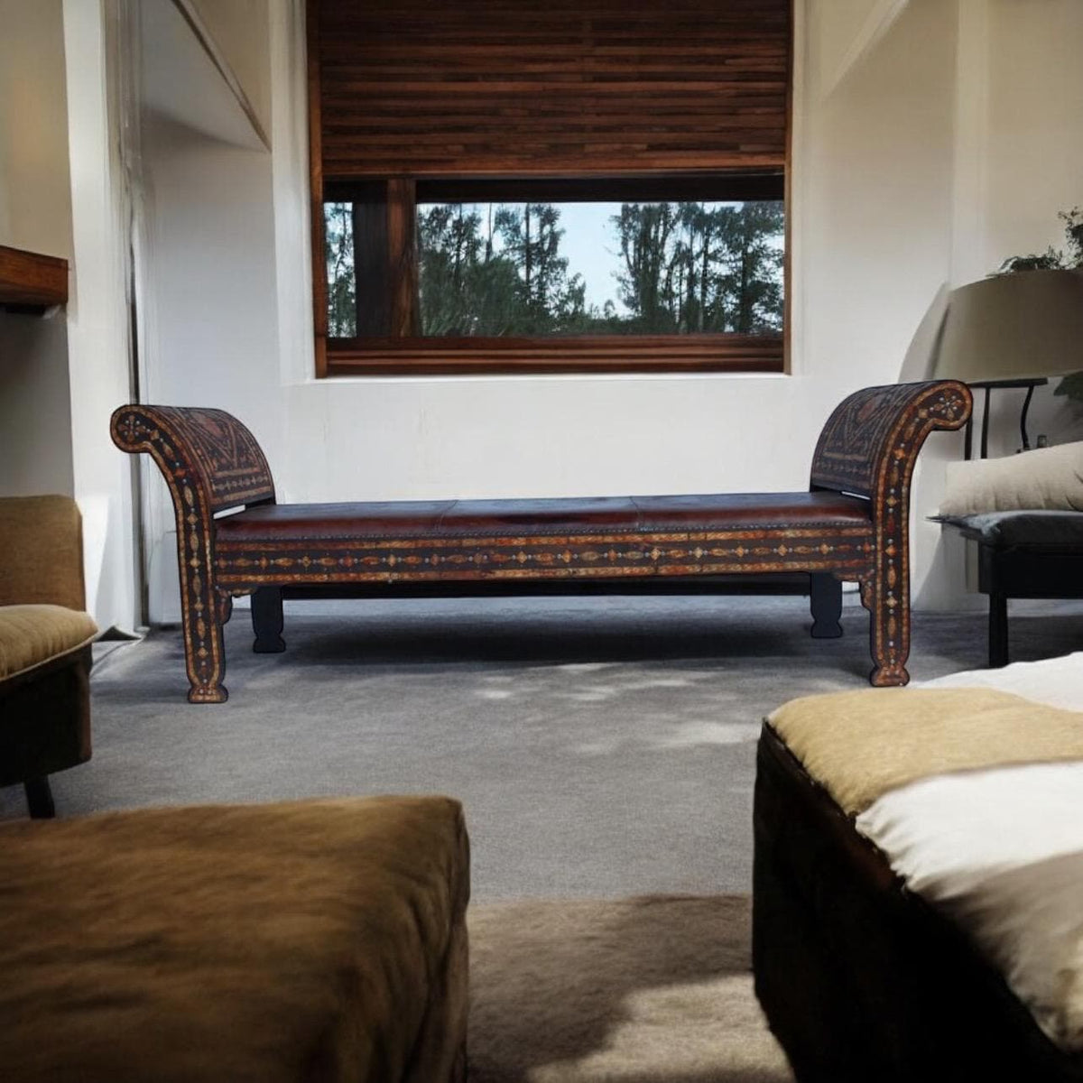 Vintage Moroccan Leather Bench, Orange Bone Inlay, One-of-a-Kind Sofa