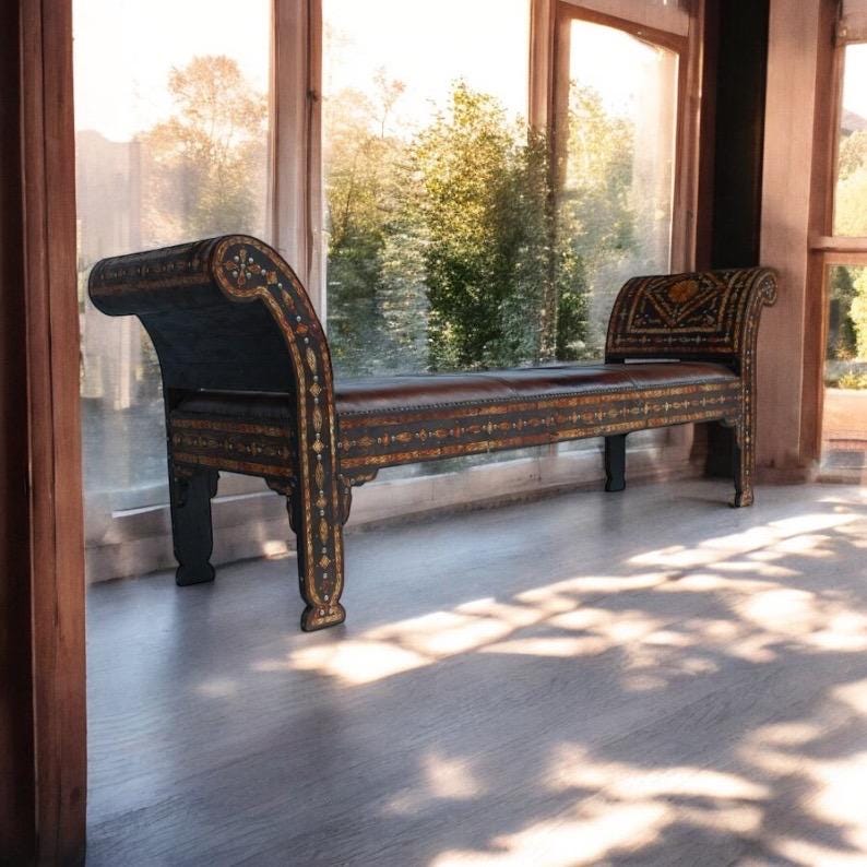Vintage Moroccan Leather Bench, Orange Bone Inlay, One-of-a-Kind Sofa