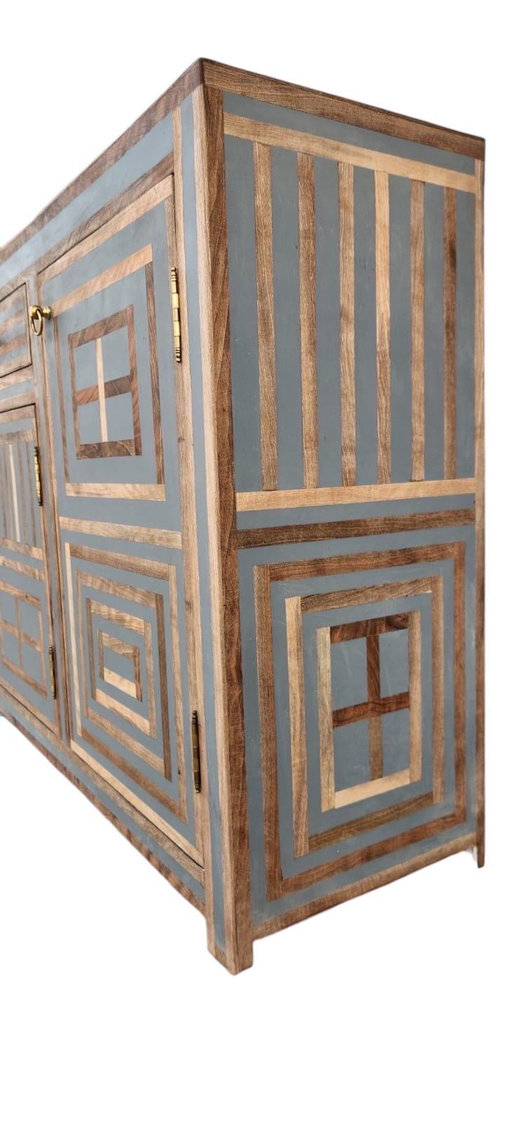 Neoclassical art-deco Credenza: walnut wood Resin Inlay labyrinth pattern