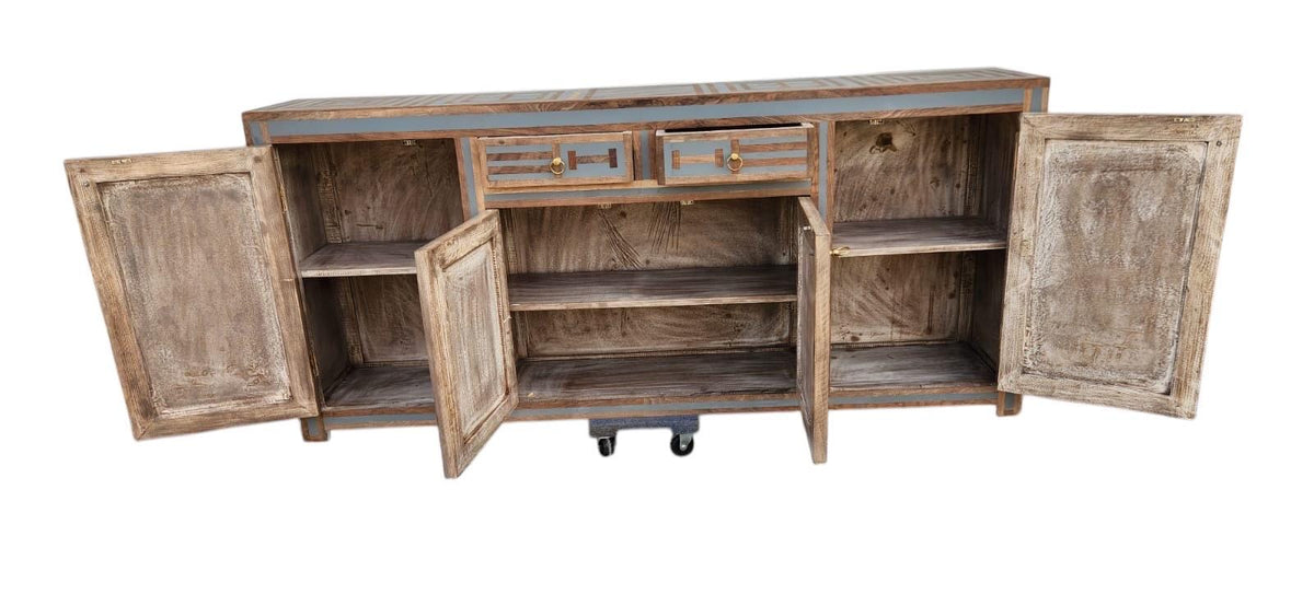 Neoclassical art-deco Credenza: walnut wood Resin Inlay labyrinth pattern