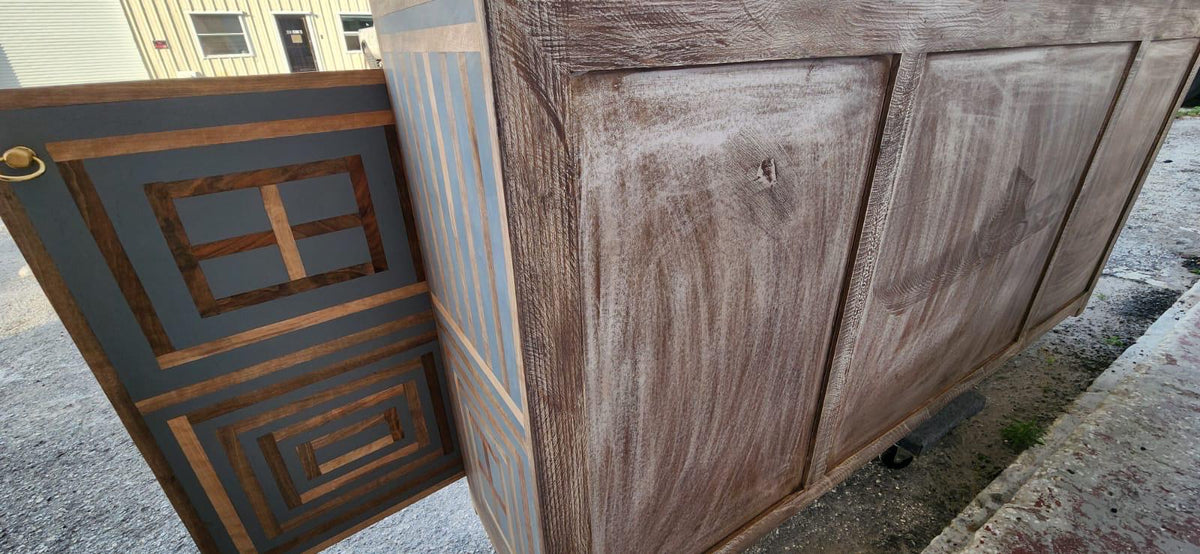 Neoclassical art-deco Credenza: walnut wood Resin Inlay labyrinth pattern