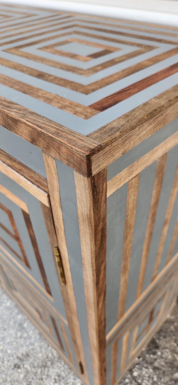 Neoclassical art-deco Credenza: walnut wood Resin Inlay labyrinth pattern