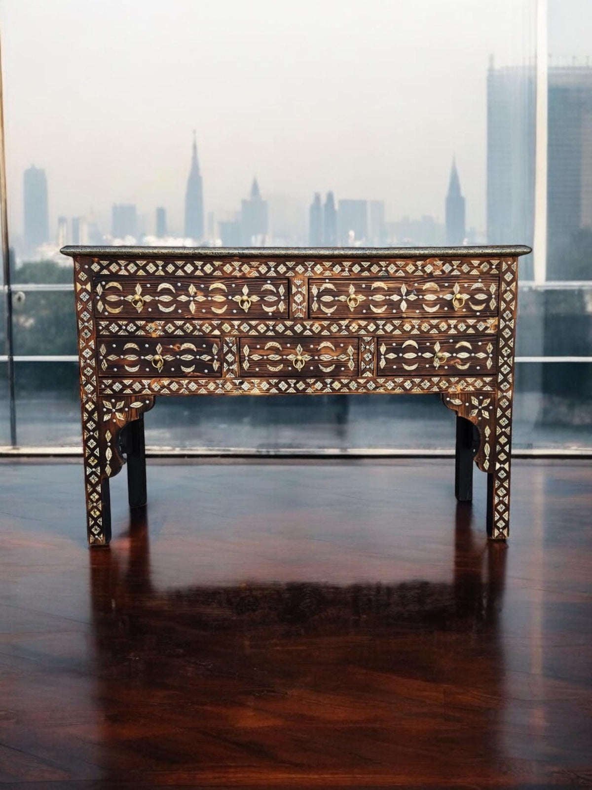 Handmade Moroccan Console Cabinet, Inlaid Camel Bone Dresser