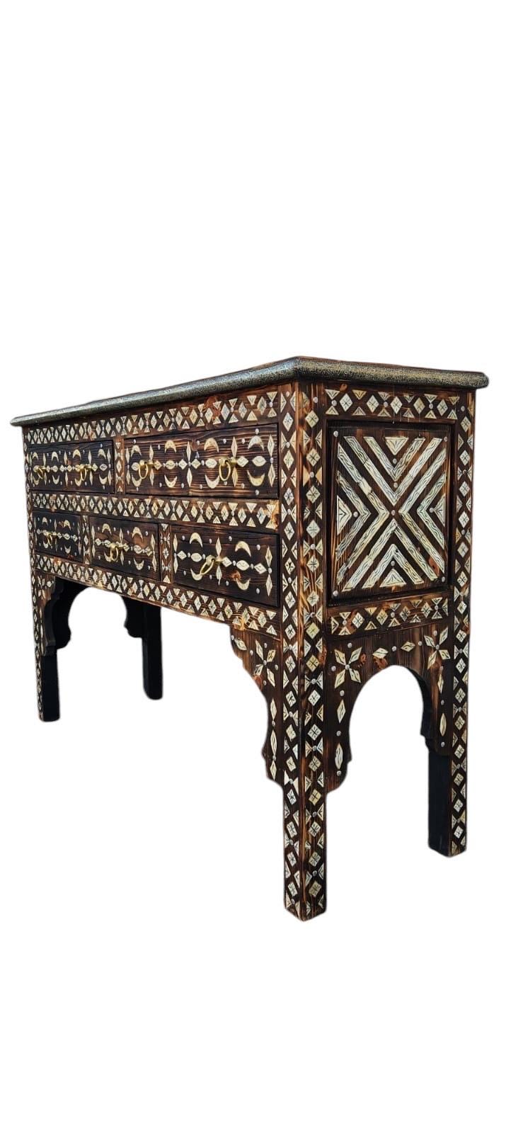Handmade Moroccan Console Cabinet, Inlaid Camel Bone Dresser