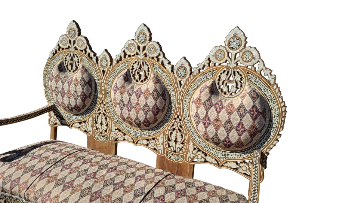 Antique Syrian Wooden Bench: Abalone & Mother of Pearl Inlay, Handmade