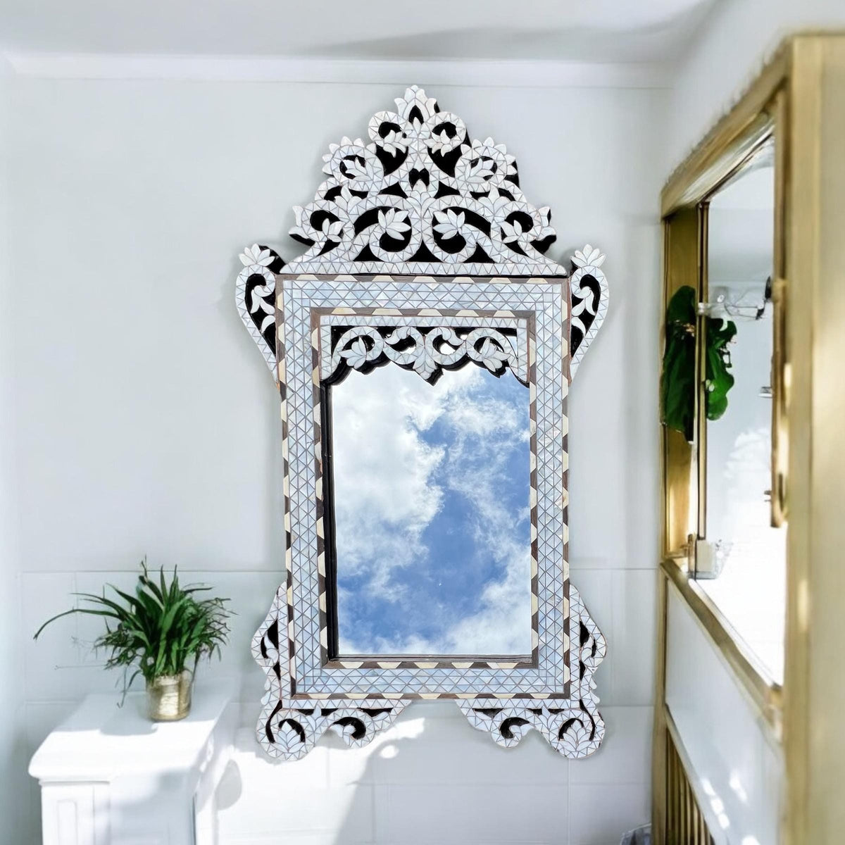 Syrian Mother of Pearl Inlay Mirror, Moroccan Wall Decor (37" x 20")