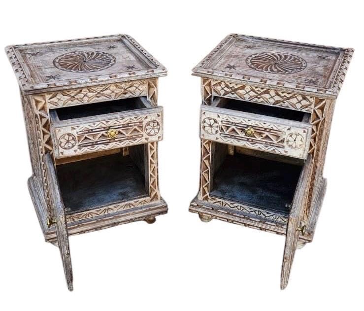 Two African hand carved nightstands moroccan bedroom furniture