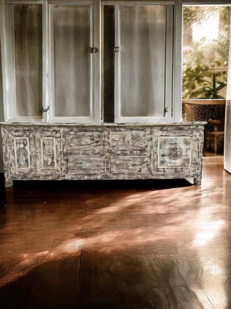 Handmade Moroccan Carved Wood Cabinet, Ethnic Dresser, 7ft