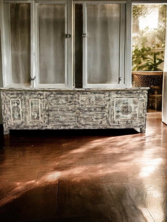 Handmade Moroccan Carved Wood Cabinet, Ethnic Dresser, 7ft