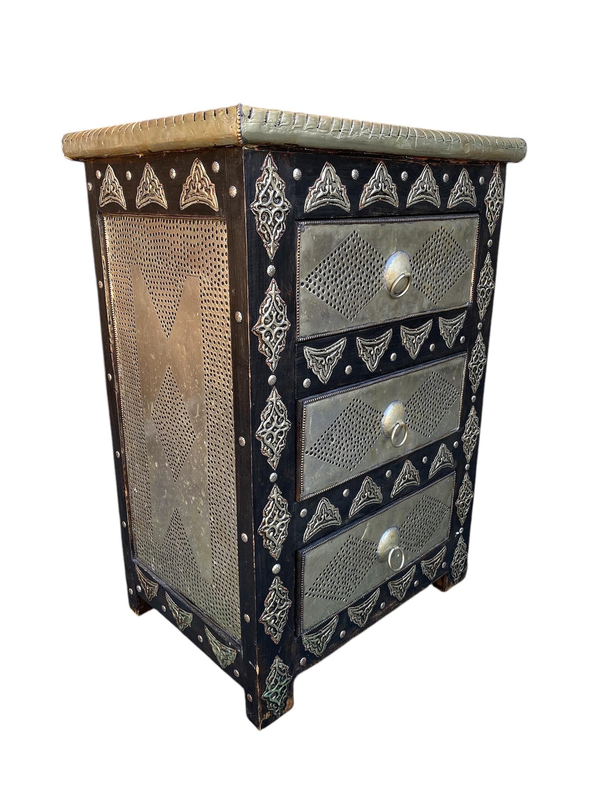 Two Handmade Moroccan Nightstand: Hammered Silver Metal, 3 Drawers