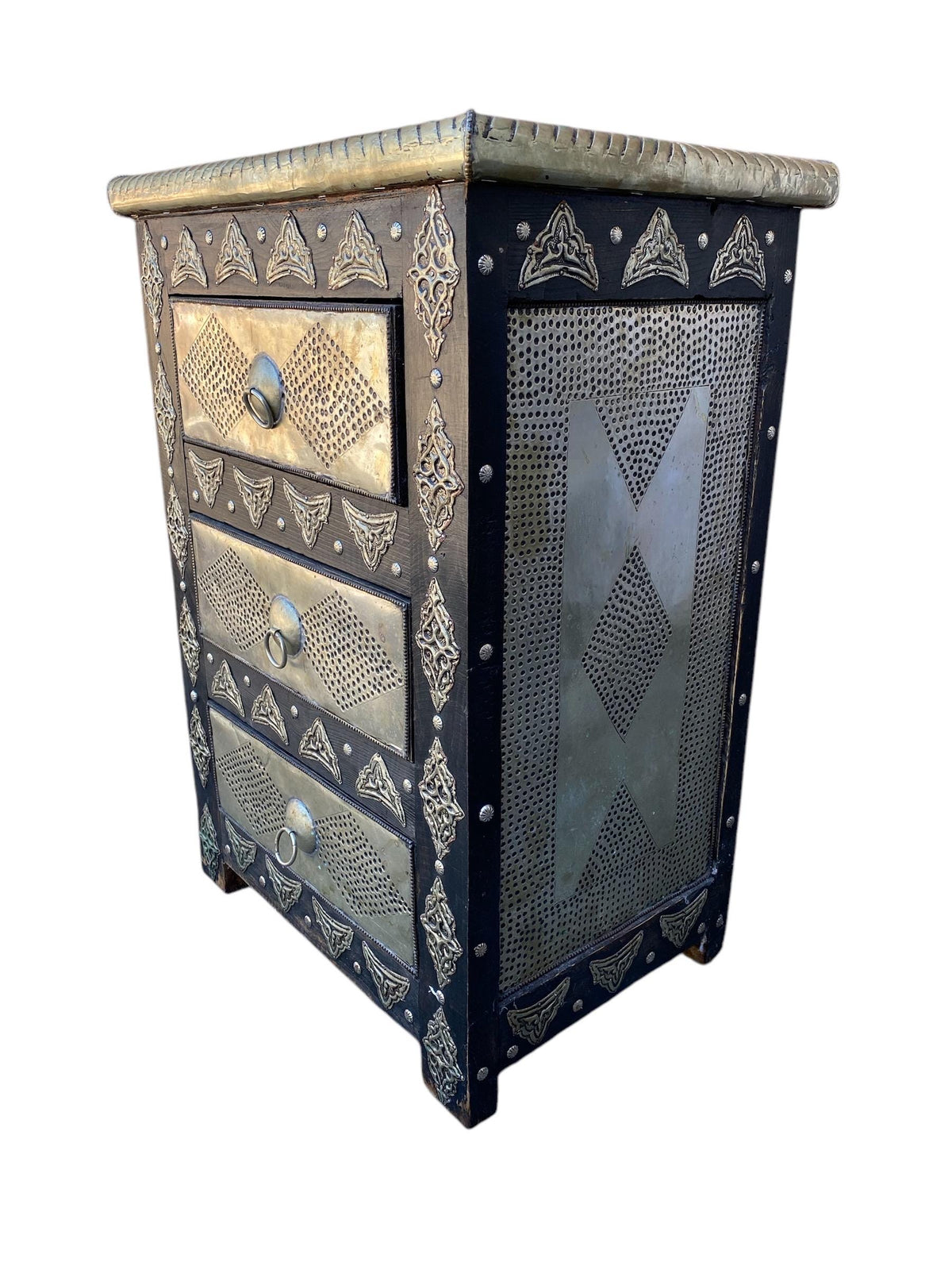 Two Handmade Moroccan Nightstand: Hammered Silver Metal, 3 Drawers
