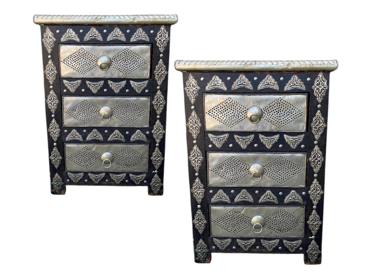 Two Handmade Moroccan Nightstand: Hammered Silver Metal, 3 Drawers