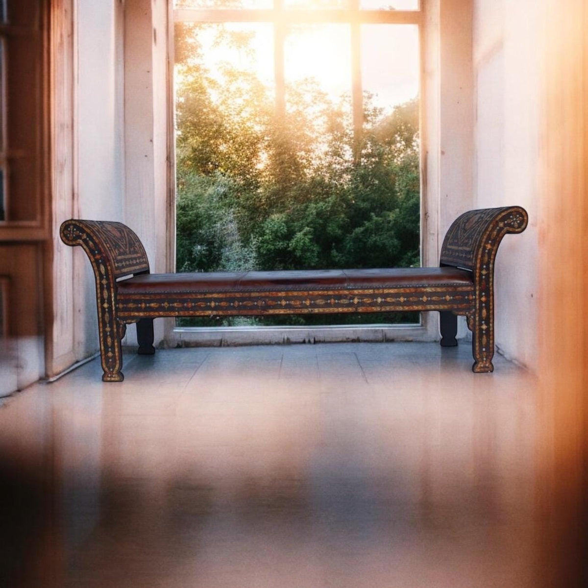 Vintage Moroccan Leather Bench, Orange Bone Inlay, One-of-a-Kind Sofa