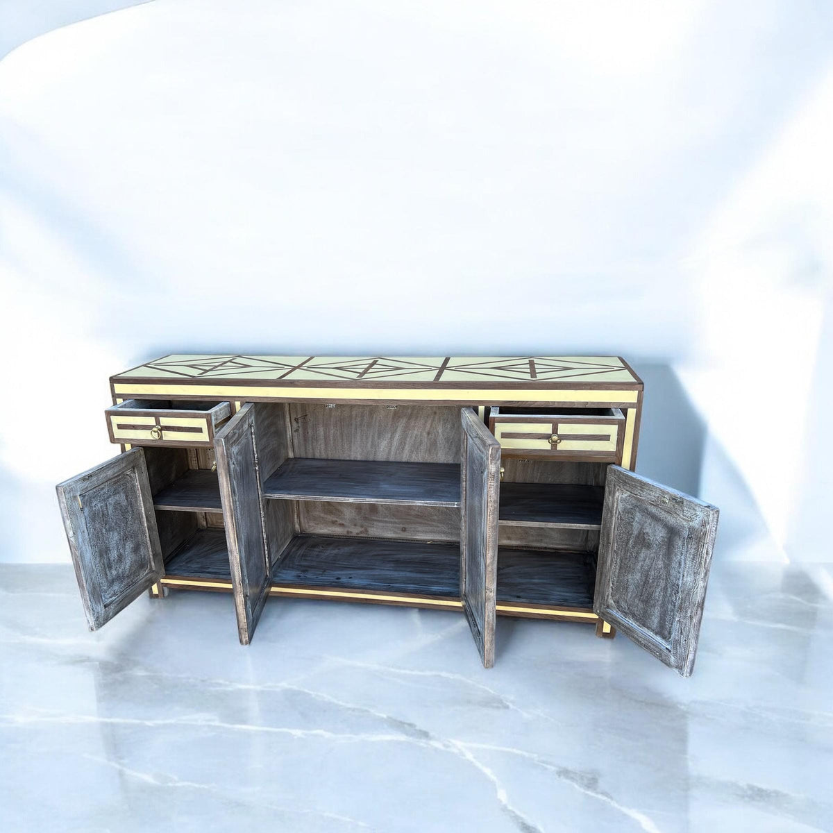 Unique Mid-century French Credenza: Walnut wood Resin Inlay