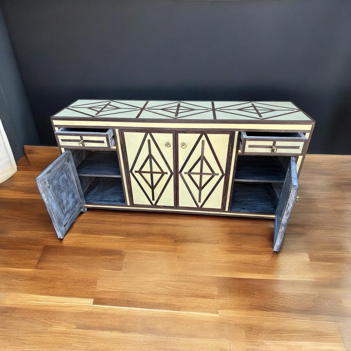Unique Mid-century French Credenza: Walnut wood Resin Inlay