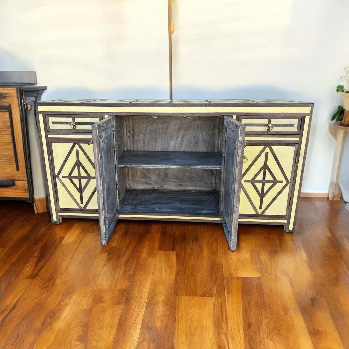 Unique Mid-century French Credenza: Walnut wood Resin Inlay