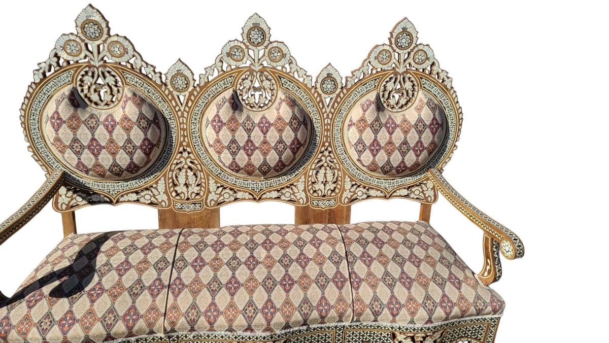 Antique Syrian Wooden Bench: Abalone & Mother of Pearl Inlay, Handmade