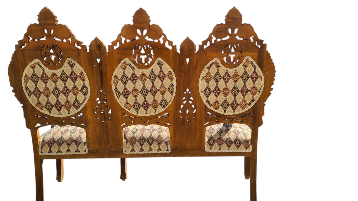 Antique Syrian Wooden Bench: Abalone & Mother of Pearl Inlay, Handmade