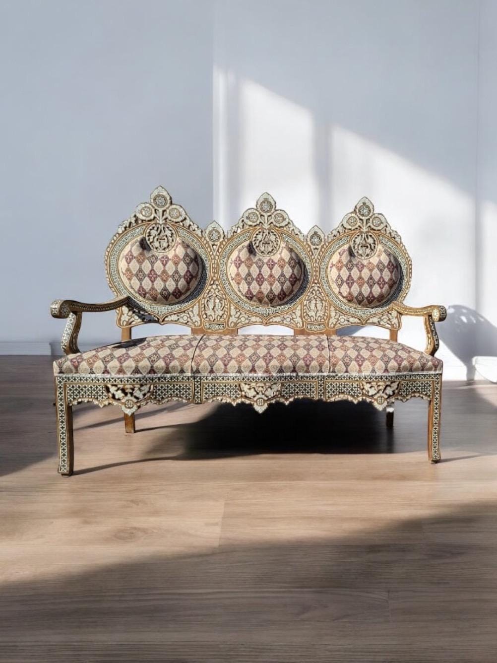 Antique Syrian Wooden Bench: Abalone & Mother of Pearl Inlay, Handmade