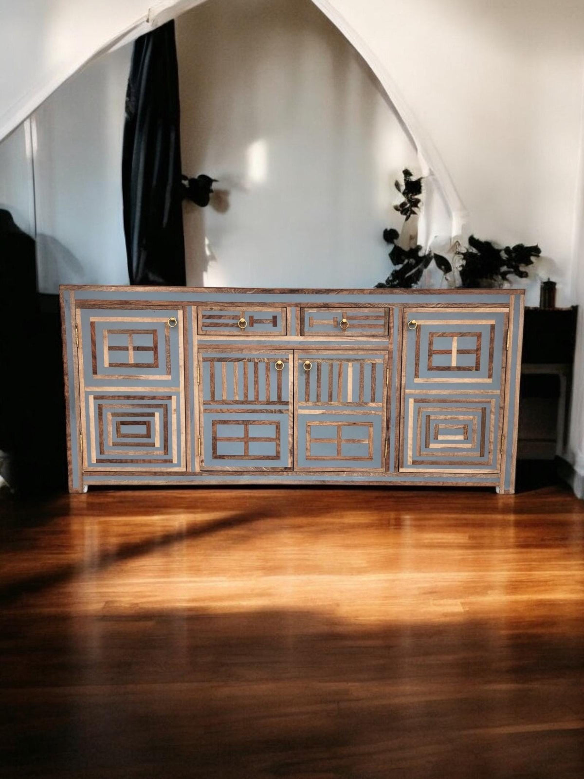 Neoclassical art-deco Credenza: walnut wood Resin Inlay labyrinth pattern