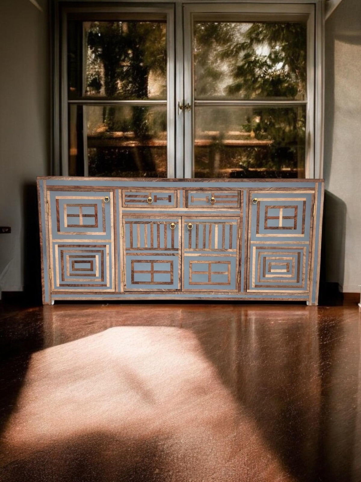 Neoclassical art-deco Credenza: walnut wood Resin Inlay labyrinth pattern