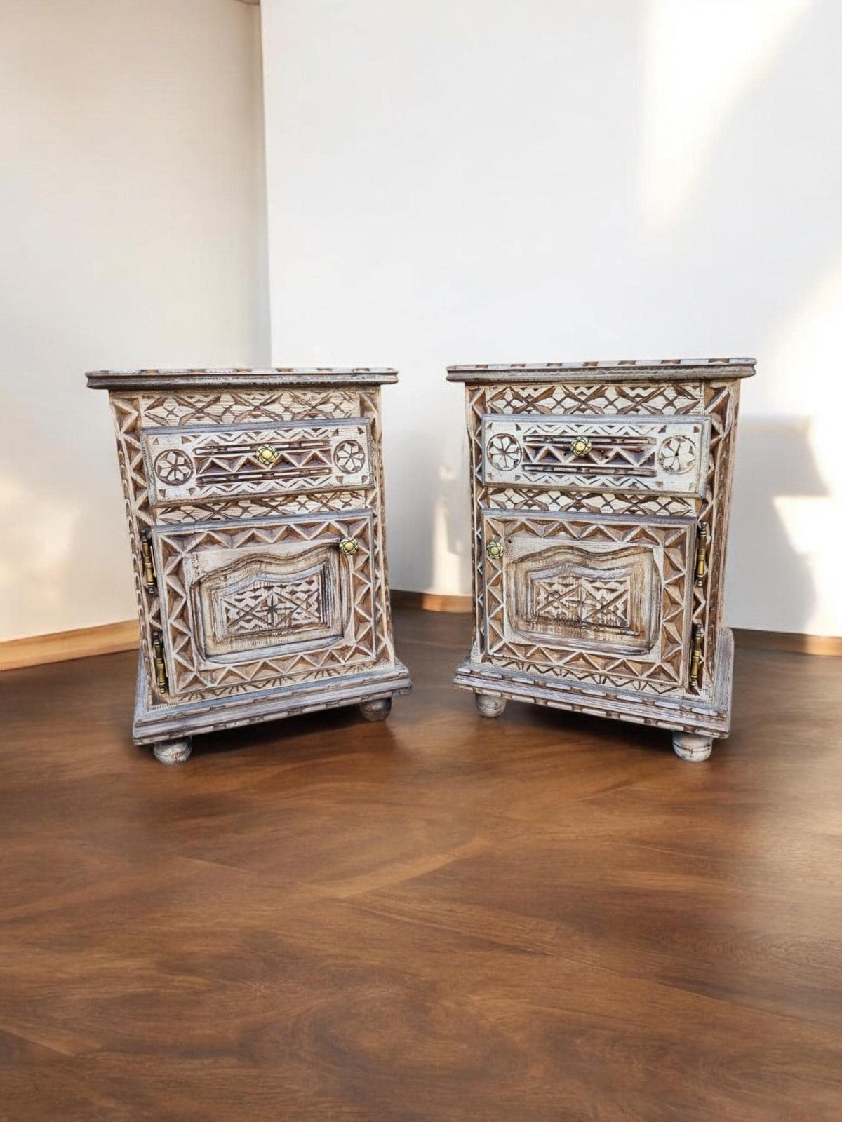 Two African hand carved nightstands moroccan bedroom furniture