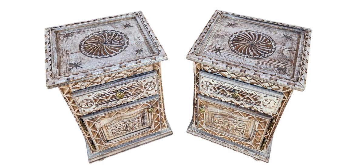 Two African hand carved nightstands moroccan bedroom furniture