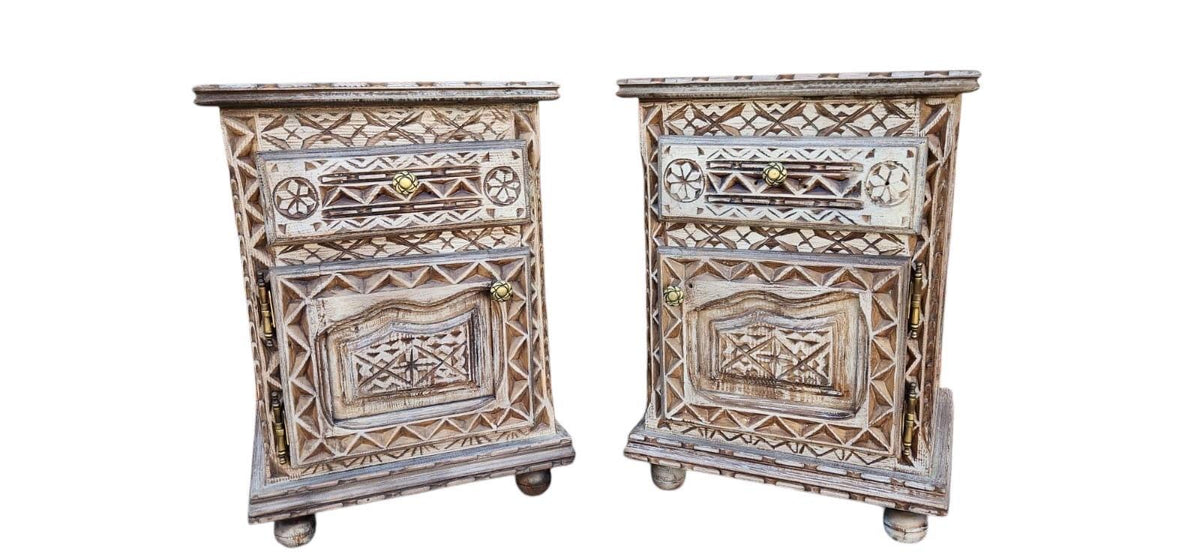 Two African hand carved nightstands moroccan bedroom furniture